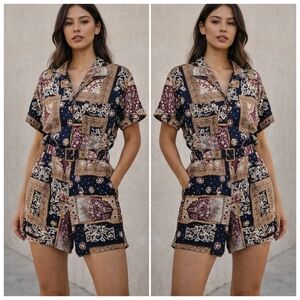 Vintage CALICHE Patchwork Print Belted Shorts Romper